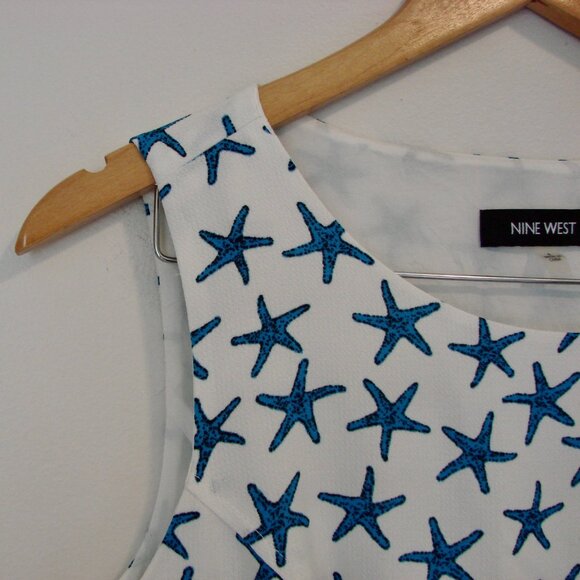 Shift Midi Dress Blue White Summer Starfish Sleeveless A-Line Office Nine West 4 - Picture 5 of 14
